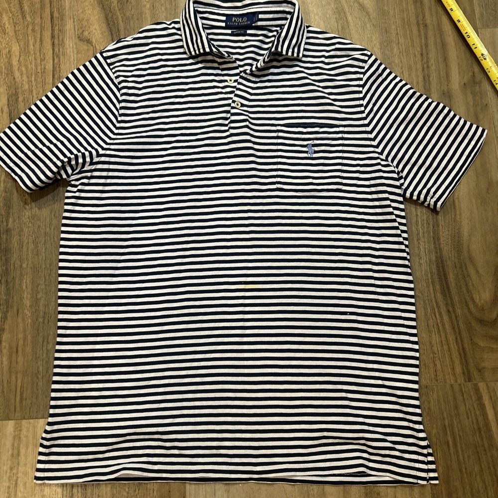 Ralph Lauren Polo Shirt‎ Men's Large Blue White Striped Embroidered Pony